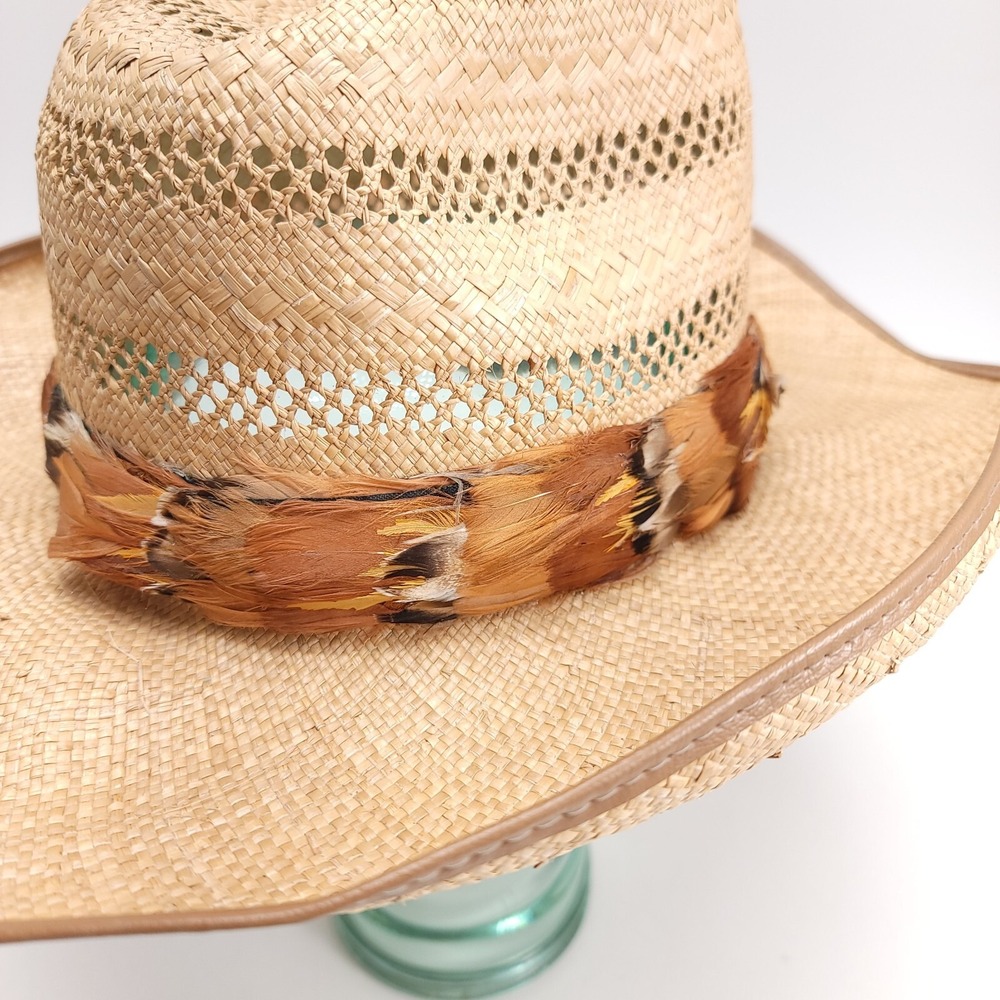 Woven Straw Western‎ Sun Hat Women's Small Feather Band Wire Rim Swiftie Outfit - Picture 5 of 8